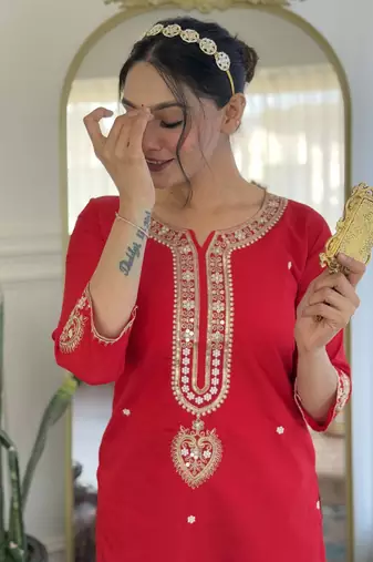 Red viscose chanderi sequin stone embroidered v-neck kurta pant set with jacquard dupatta
