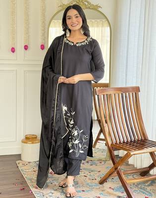 Women's black viscose rayon embroidered kurta pant set with chinon dupatta 1
