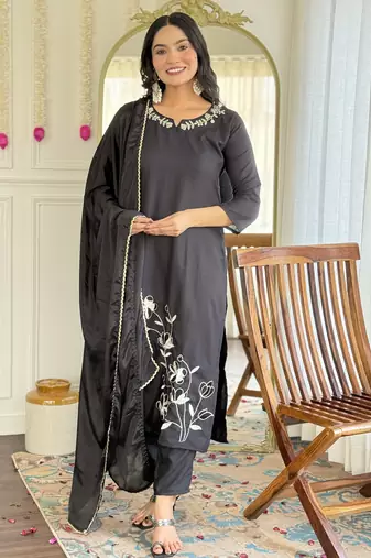 Women's black viscose rayon embroidered kurta pant set with chinon dupatta
