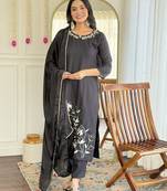 Women's black viscose rayon embroidered kurta pant set with chinon dupatta