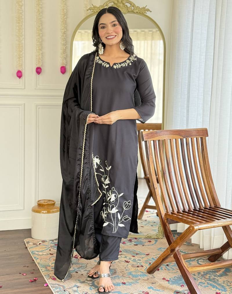 Women's black viscose rayon embroidered kurta pant set with chinon dupatta