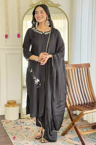 Women's black viscose rayon embroidered kurta pant set with chinon dupatta