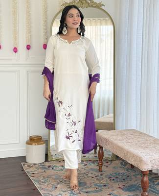 Women's white viscose rayon embroidered kurta pant set with chinon dupatta 3