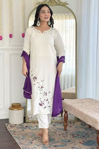 Women's white viscose rayon embroidered kurta pant set with chinon dupatta
