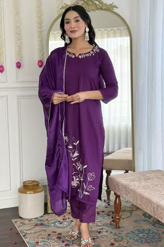 Women's purple viscose rayon embroidered kurta pant set with chinon dupatta