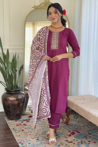 Women's maroon viscose rayon embroidered kurta pant set with printed muslin dupatta