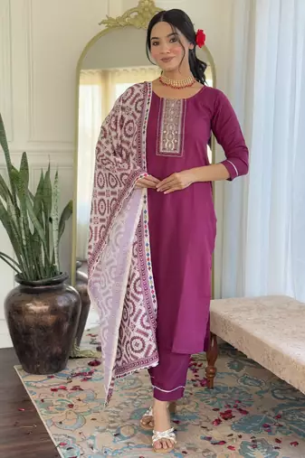 Women's maroon viscose rayon embroidered kurta pant set with printed muslin dupatta