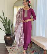 Women's maroon viscose rayon embroidered kurta pant set with printed muslin dupatta