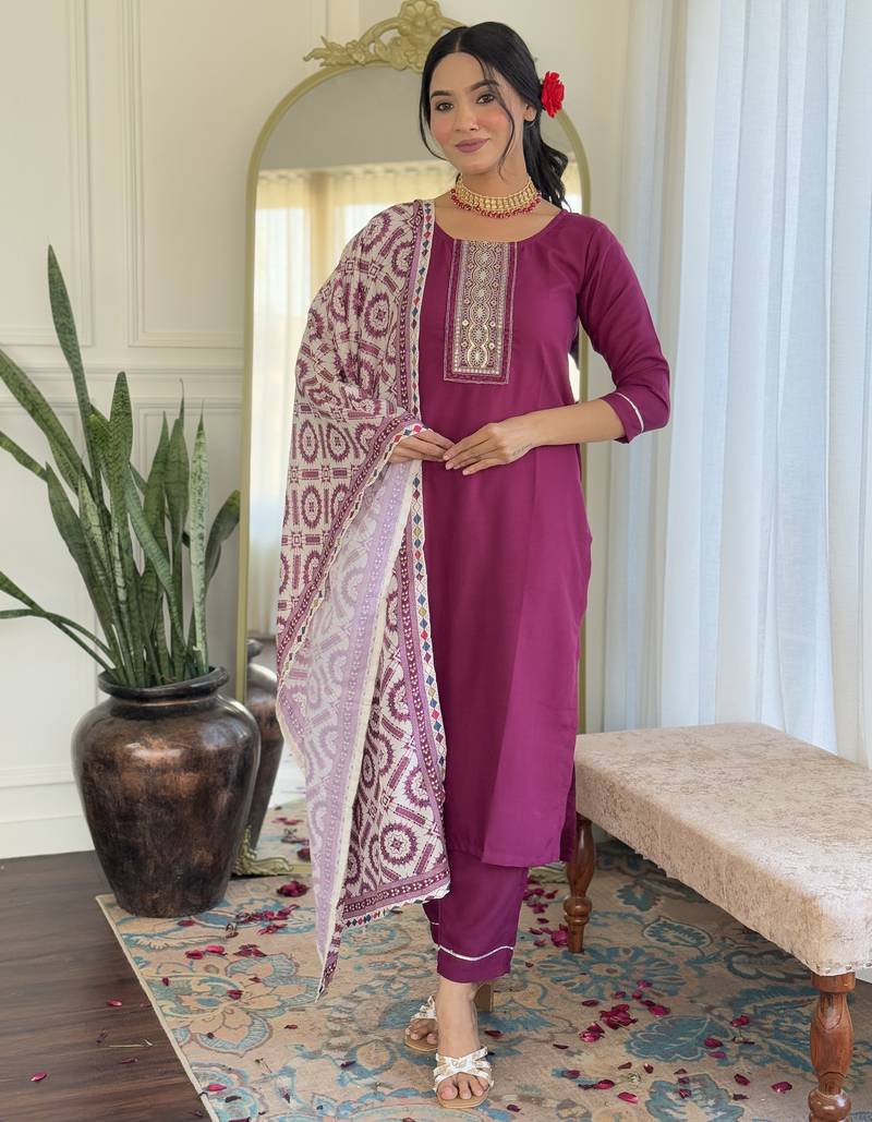 Women's maroon viscose rayon embroidered kurta pant set with printed muslin dupatta
