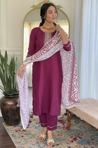 Women's maroon viscose rayon embroidered kurta pant set with printed muslin dupatta