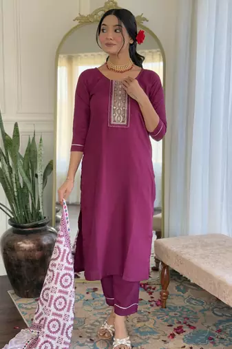 Women's maroon viscose rayon embroidered kurta pant set with printed muslin dupatta