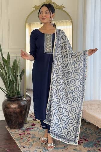 Women's navy blue viscose rayon embroidered kurta pant set with printed muslin dupatta