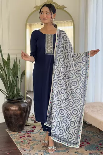 Women's navy blue viscose rayon embroidered kurta pant set with printed muslin dupatta