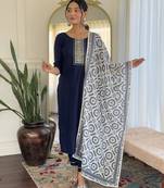 Women's navy blue viscose rayon embroidered kurta pant set with printed muslin dupatta
