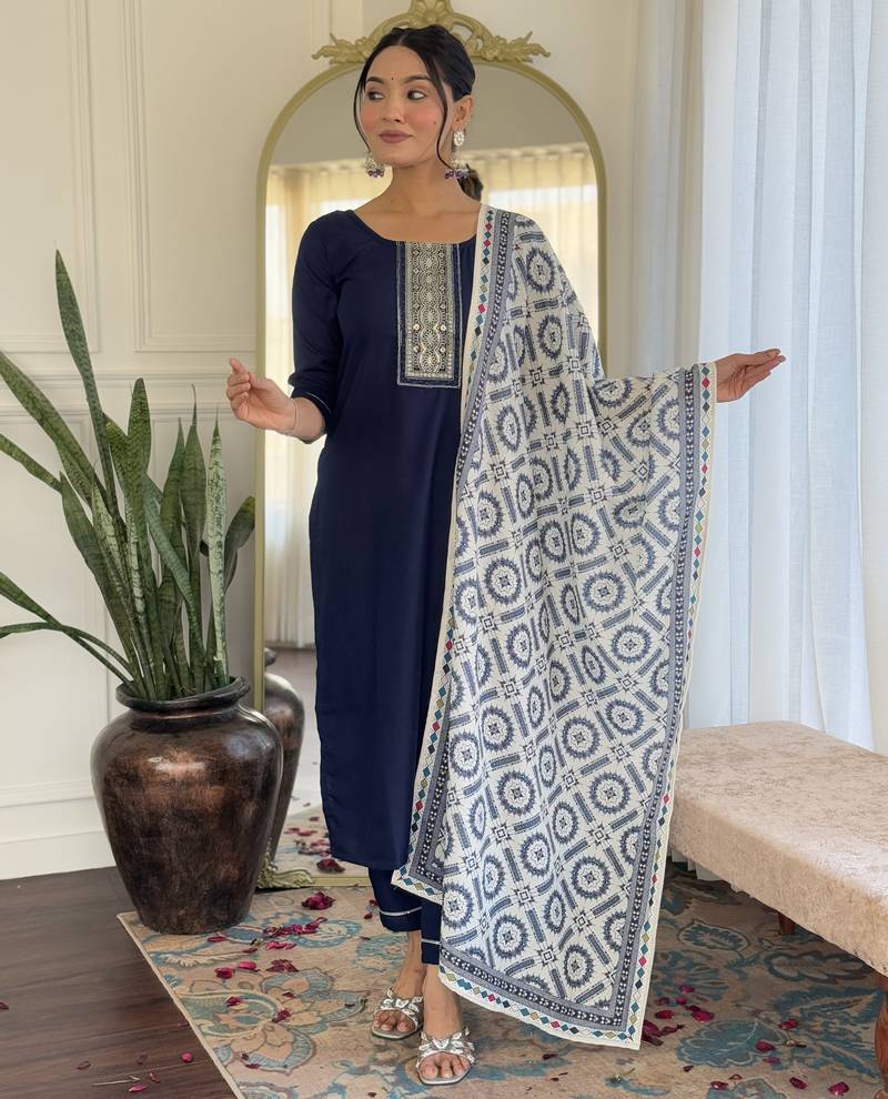 Women's navy blue viscose rayon embroidered kurta pant set with printed muslin dupatta