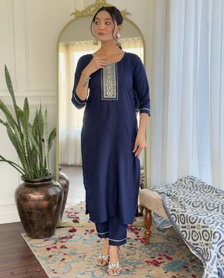 Women's navy blue viscose rayon embroidered kurta pant set with printed muslin dupatta 3