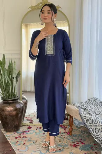 Women's navy blue viscose rayon embroidered kurta pant set with printed muslin dupatta