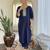 Women's navy blue viscose rayon embroidered kurta pant set with printed muslin dupatta