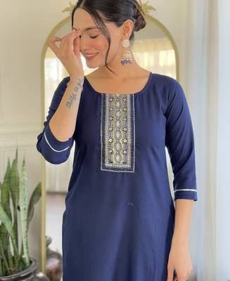 Women's navy blue viscose rayon embroidered kurta pant set with printed muslin dupatta 4