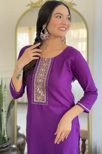 Women's purple viscose rayon embroidered kurta pant set with printed muslin dupatta