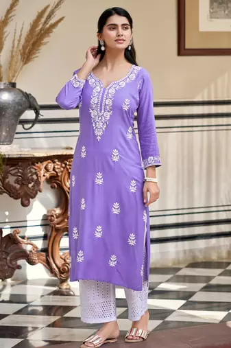 Women's purple rayon sequin embroidered kurta with cotton schiffley pant
