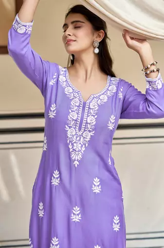 Women's purple rayon sequin embroidered kurta with cotton schiffley pant