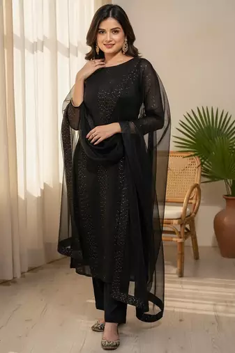 Women's black faux georgette sequin embroidered kurta pant set with net dupatta