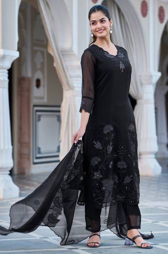 Women's black georgette sequin embroidered kurta pant set with georgette dupatta