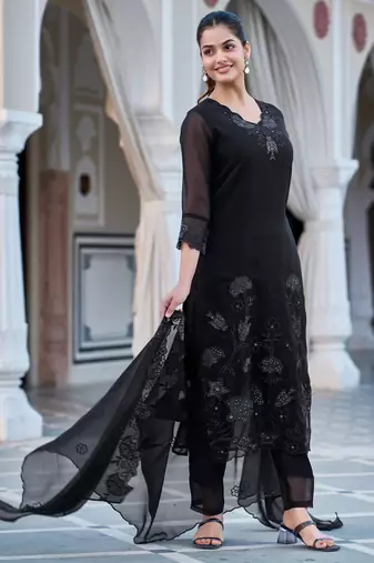 Women's black georgette sequin embroidered kurta pant set with georgette dupatta