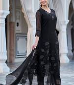 Women's black georgette sequin embroidered kurta pant set with georgette dupatta