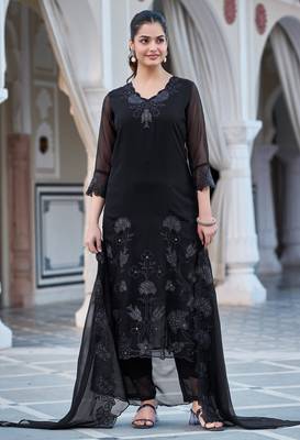 Women's black georgette sequin embroidered kurta pant set with georgette dupatta 4