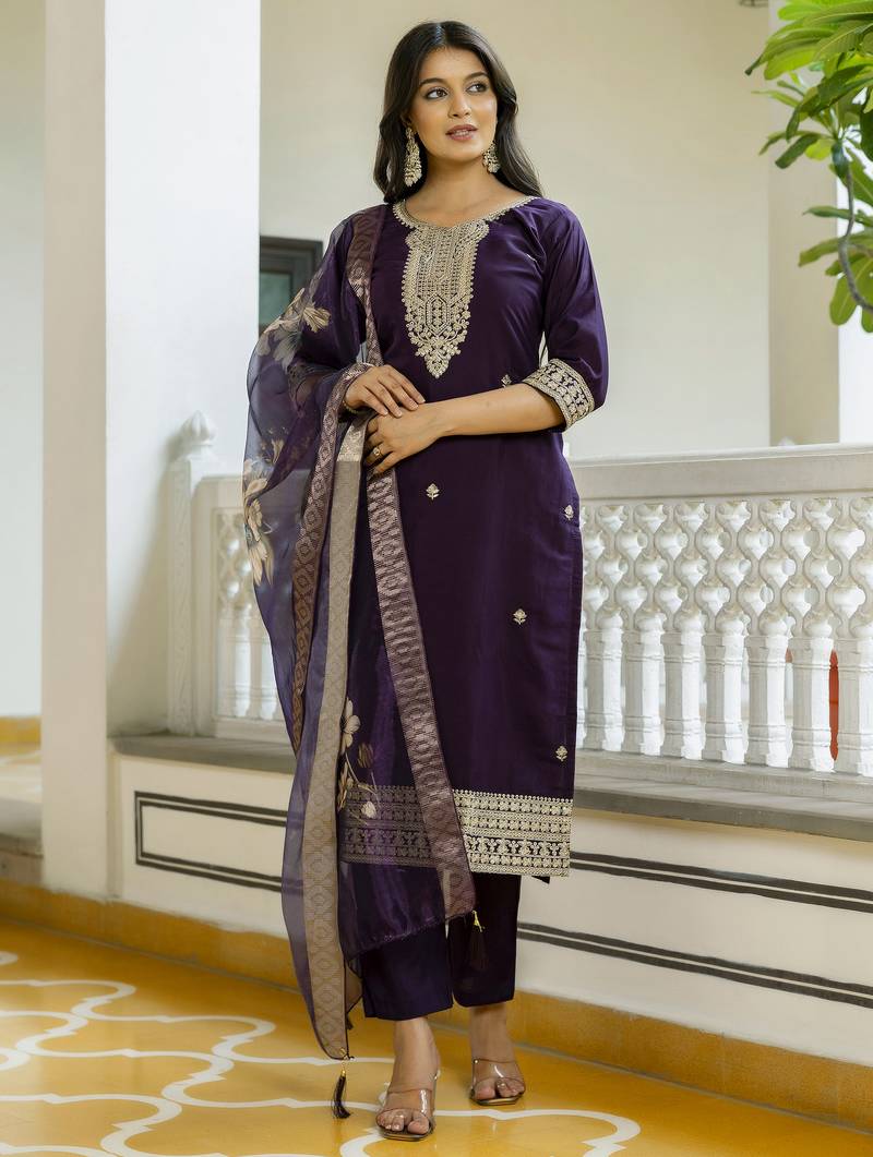 Women's wine viscose chanderi silk kurta pant set with organza dupatta