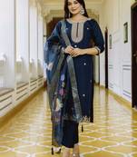 Women's navy blue viscose chanderi silk kurta pant set with organza dupatta