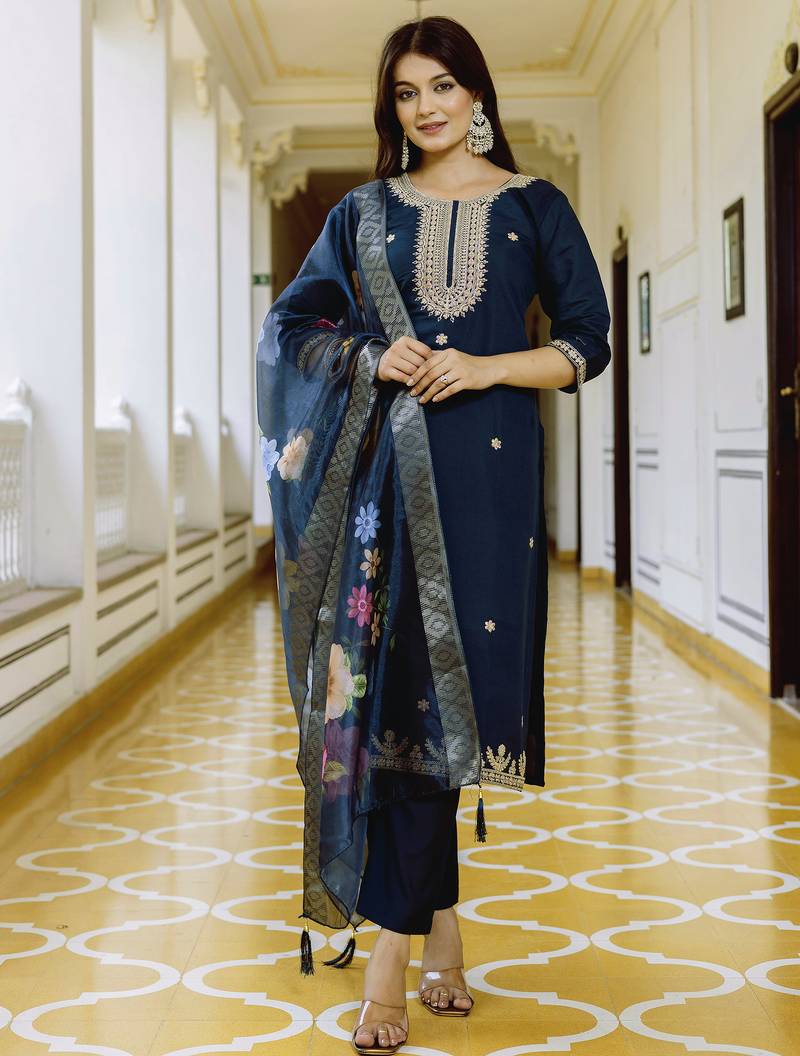 Women's navy blue viscose chanderi silk kurta pant set with organza dupatta