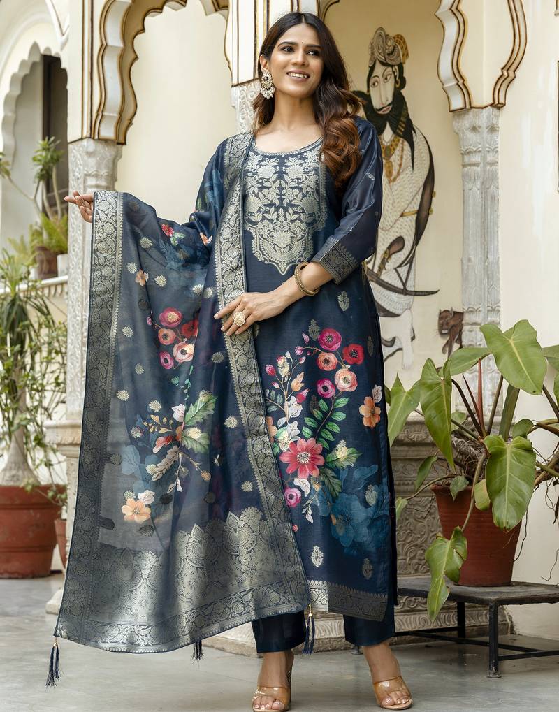 Women's navy blue chanderi cotton silk embroidered kurta pant set with jacquard dupatta