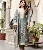 Women's grey chanderi cotton silk embroidered kurta pant set with jacquard chanderi dupatta