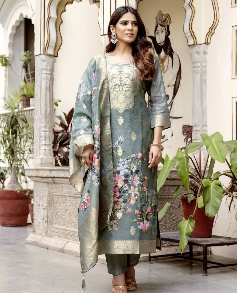 Women's grey chanderi cotton silk embroidered kurta pant set with jacquard chanderi dupatta