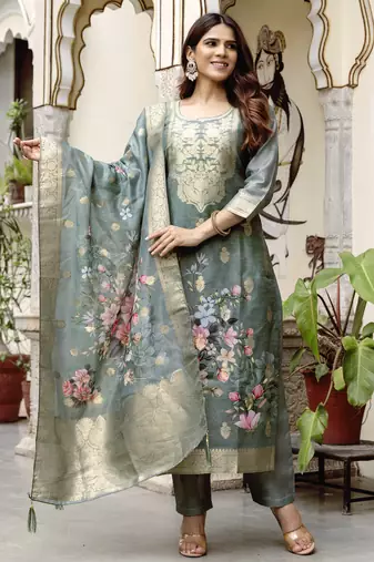 Women's grey chanderi cotton silk embroidered kurta pant set with jacquard chanderi dupatta