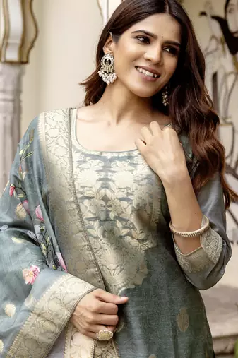 Women's grey chanderi cotton silk embroidered kurta pant set with jacquard chanderi dupatta
