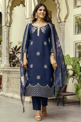 Women's navy blue viscose chanderi silk embroidered kurta pant set with jacquard organza dupatta