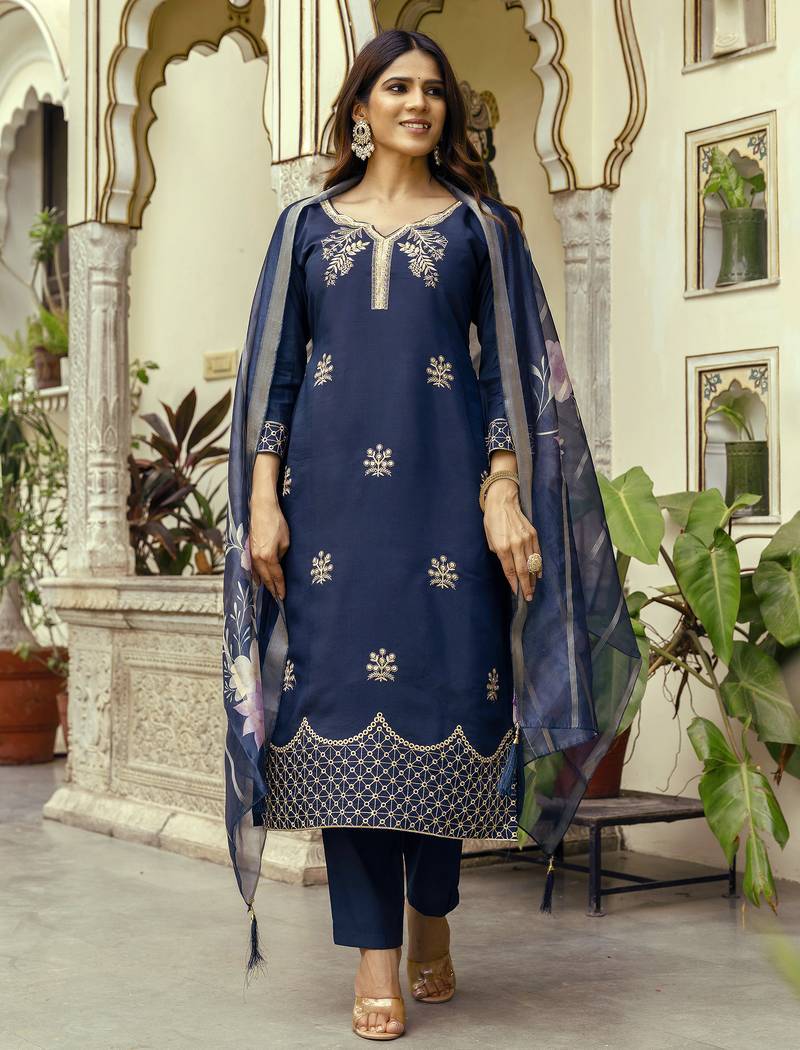 Women's navy blue viscose chanderi silk embroidered kurta pant set with jacquard organza dupatta