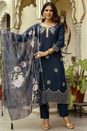 Women's navy blue viscose chanderi silk embroidered kurta pant set with jacquard organza dupatta