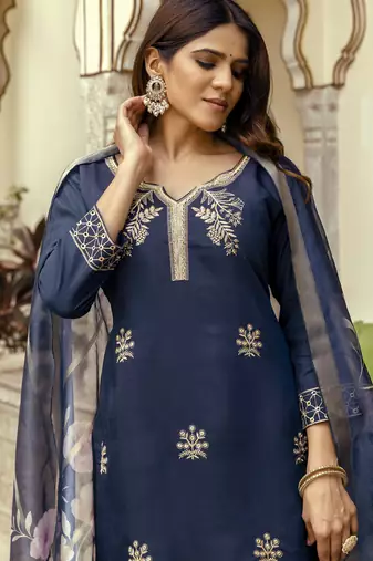 Women's navy blue viscose chanderi silk embroidered kurta pant set with jacquard organza dupatta