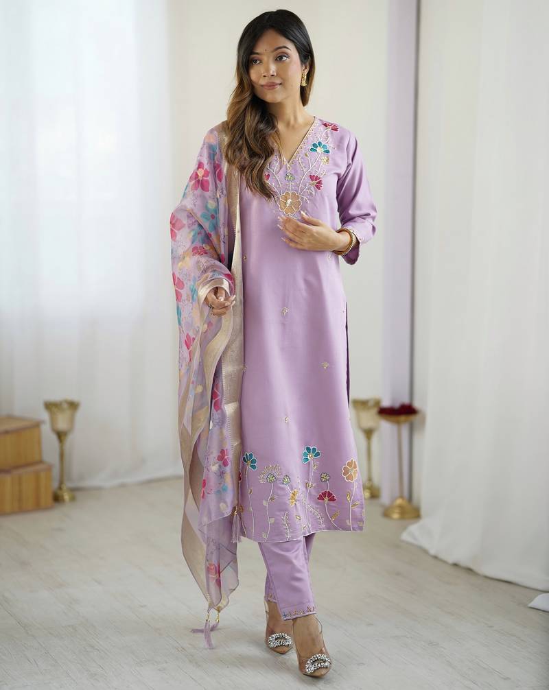 Women's lavender viscose silk sequin stone embroidered kurta pant set with organza dupatta