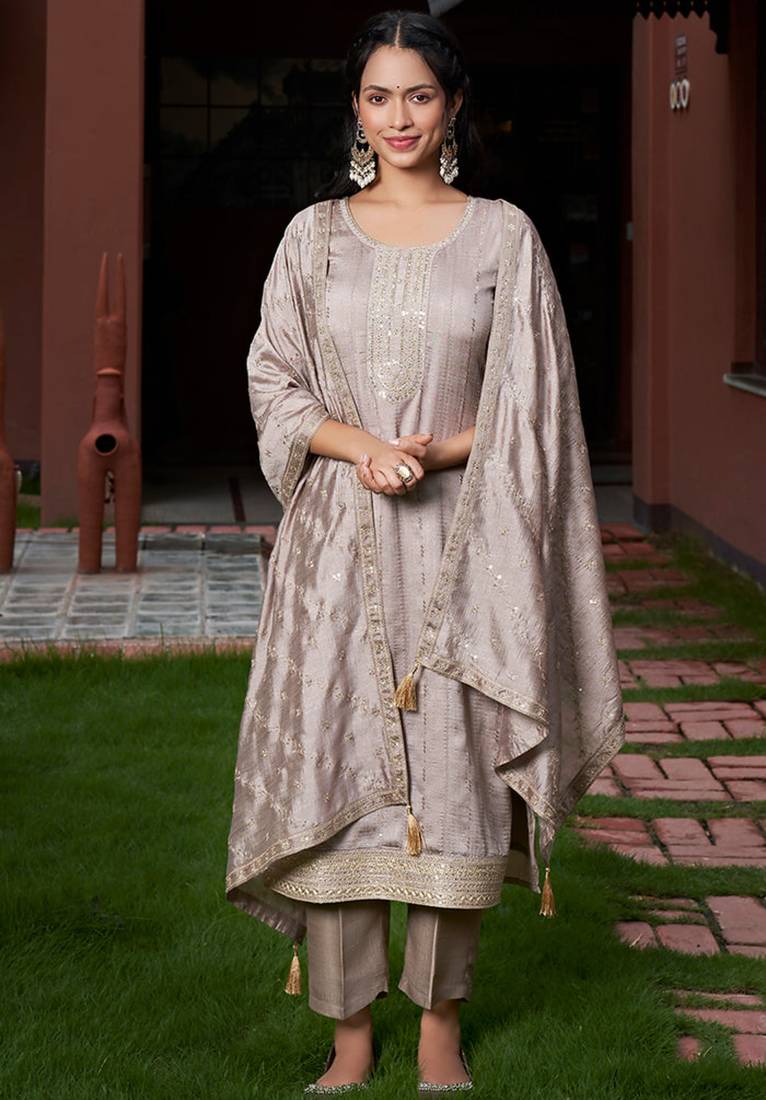 Women's cream vichitra silk sequin embroidered kurta pant set with vichitra silk dupatta