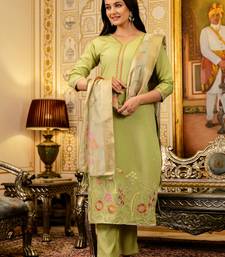Women's lemon green viscose silk embroidered kurta pant set with jacquard organza dupatt