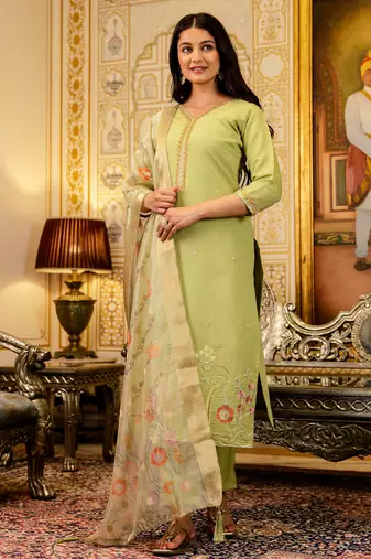 Women's lemon green viscose silk embroidered kurta pant set with jacquard organza dupatt