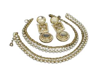 Gold Plated Handcrafted White colour Earrings & Pearl Anklets 2
