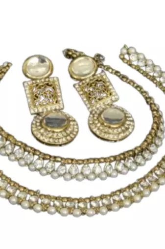 Gold Plated Handcrafted White colour Earrings & Pearl Anklets