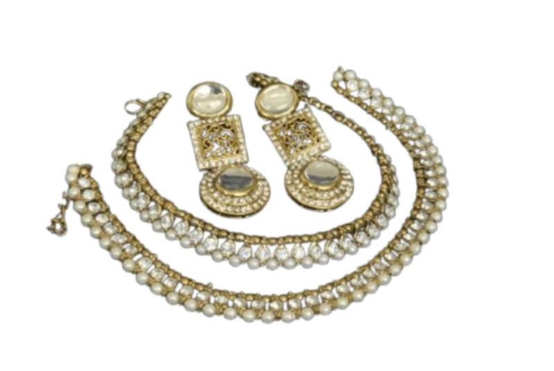 Gold Plated Handcrafted White colour Earrings & Pearl Anklets